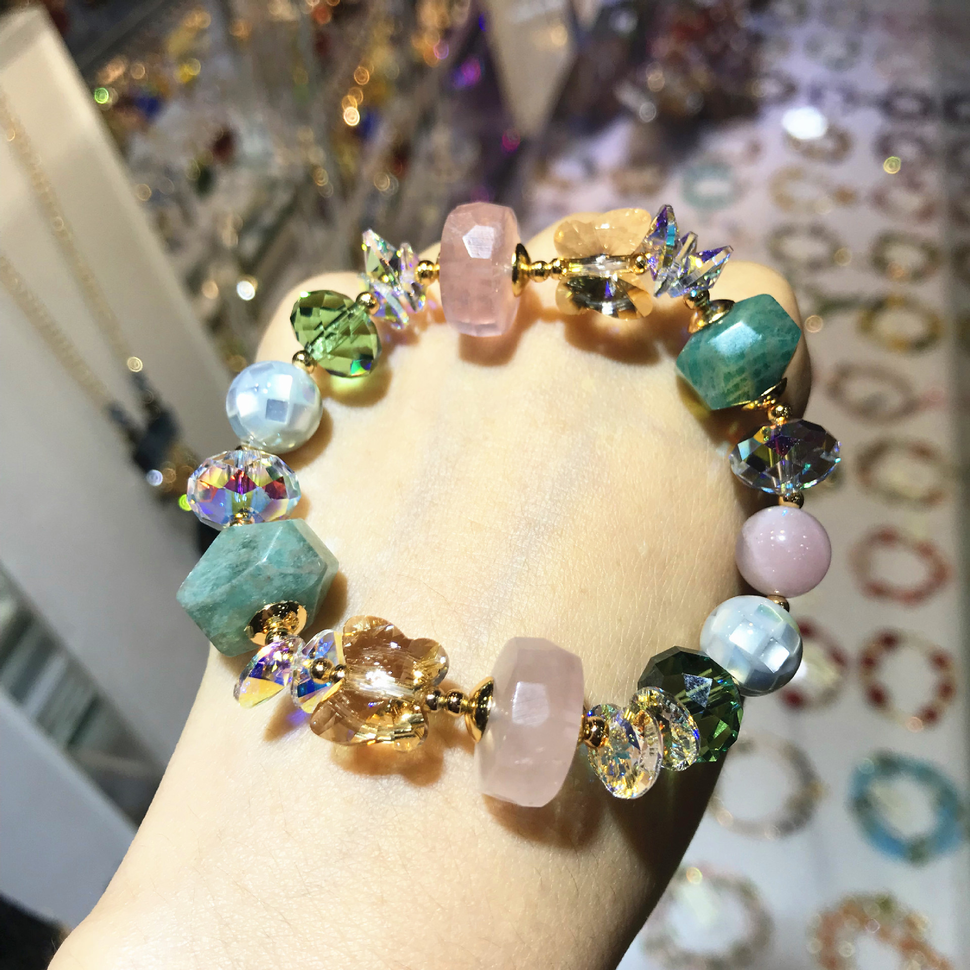 diy天然粉晶天河石鲍鱼贝奥地利水晶手链手串直播爆款实体店货源