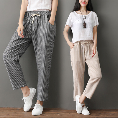实拍棉麻九分裤女宽松亚麻棉新款夏季条纹小脚休闲裤松紧腰韩版