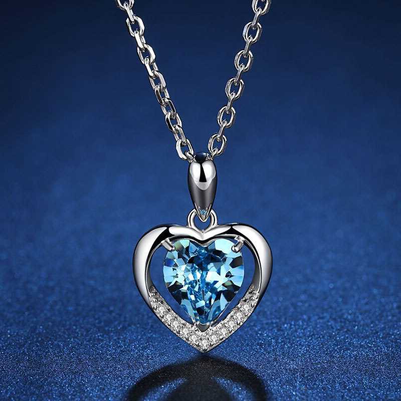 镀925银爱情心形蓝色水晶吊坠永恒之心项链宝石女镶钻锁骨链批发