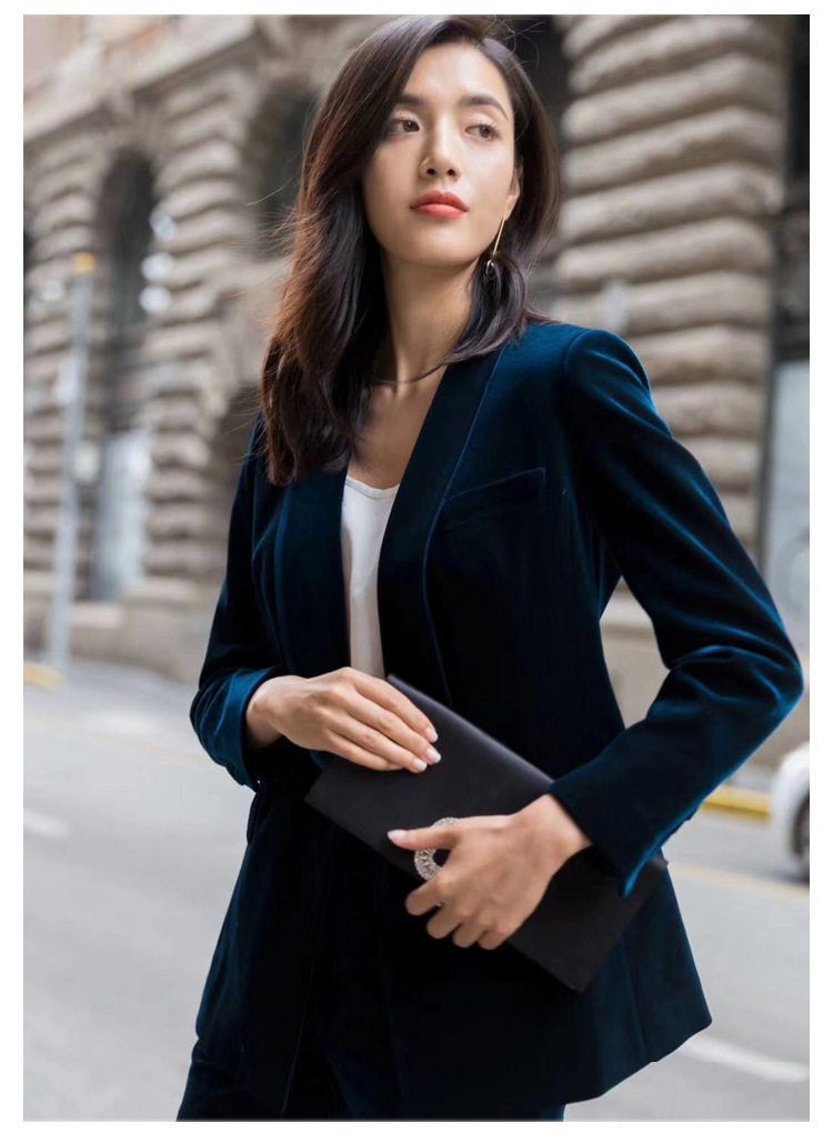 2019秋冬新款气质英伦风修身时尚长袖西服金丝绒西装套装女两件套