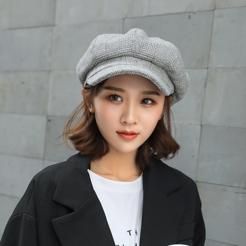 秋冬新款时尚女士贝雷帽 气质简约格子条纹带帽沿潮流八角帽帽子