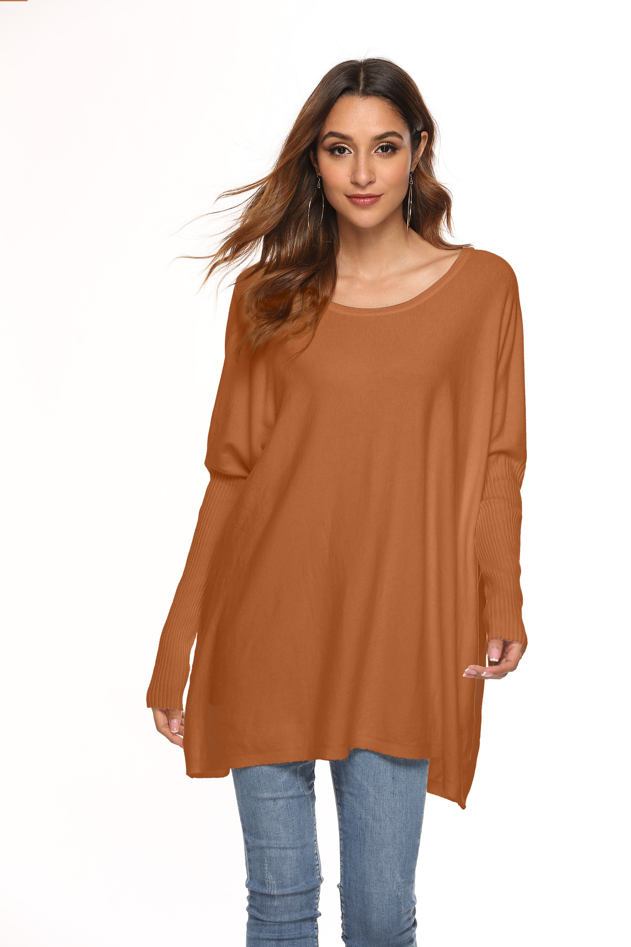 欧美宽松套头中长款毛衣女 蝙蝠袖针织衫 圆领亚马逊秋冬新款女