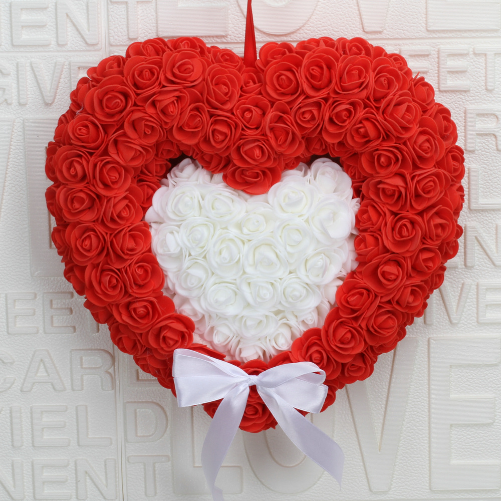 婚庆用品 爱心玫瑰花双心花环纱幔挂饰 婚礼婚房装饰布置花球道具