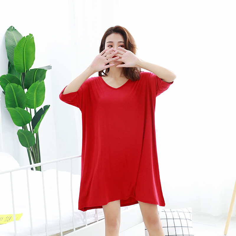 Factory Supply Modal Pregnant Woman's Nightdress Women's Summer Short Sleeve Plump Girls Large Size Loose Ice Silk Pajamas Midi Dress