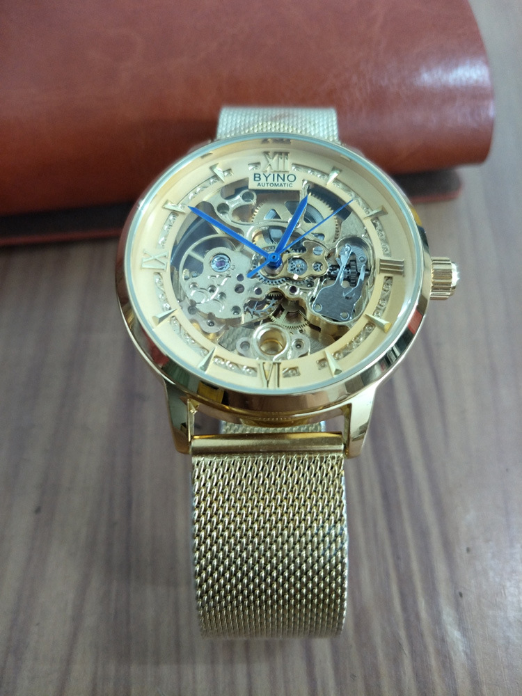 新款贝伊诺byino手表金色镂空自动上链网带男士机械表8222