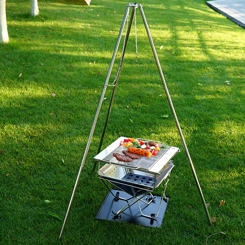 户外bbq三脚架烤肉烧烤架不锈钢吊锅支架便携野炊篝火大型三角架