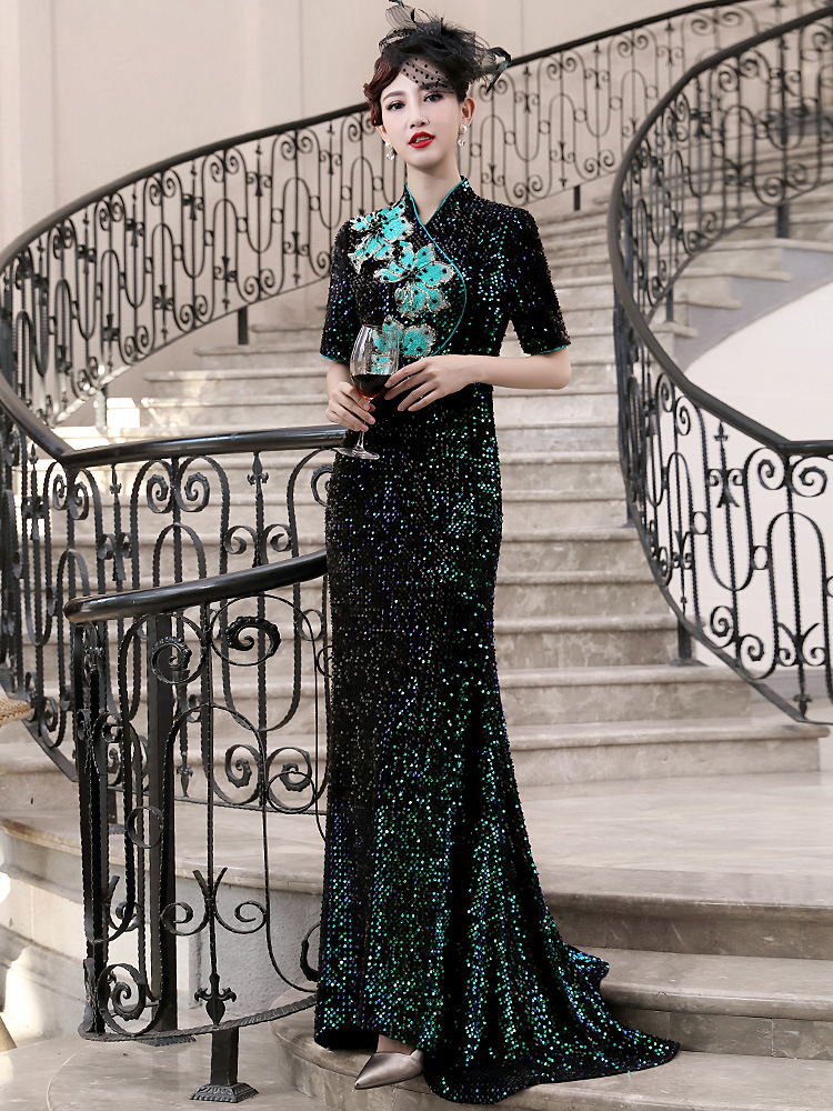 旗袍时尚新款晚礼服亮片长款改良旗袍女式走秀主持人旗袍走秀