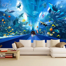 3D立体海底世界海洋馆主题背景墙纸酒店走廊拱形壁纸餐厅壁画墙布