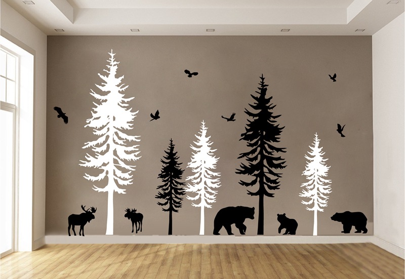 巨大的松树与鸟花婴儿房乙烯基贴纸墙艺术自然装饰林地森林大墙贴