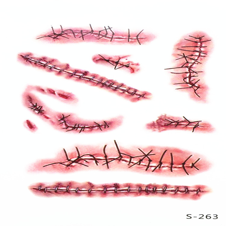 仿真恶作剧假伤口纹身贴纸缝针伤疤万圣节3d化妆防水男女纹身贴纸