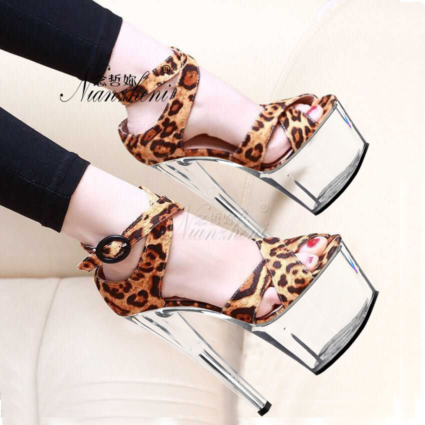 15cm性感豹纹情趣夜店凉鞋17cm恨天高钢管舞高跟鞋鱼嘴大码罗马女