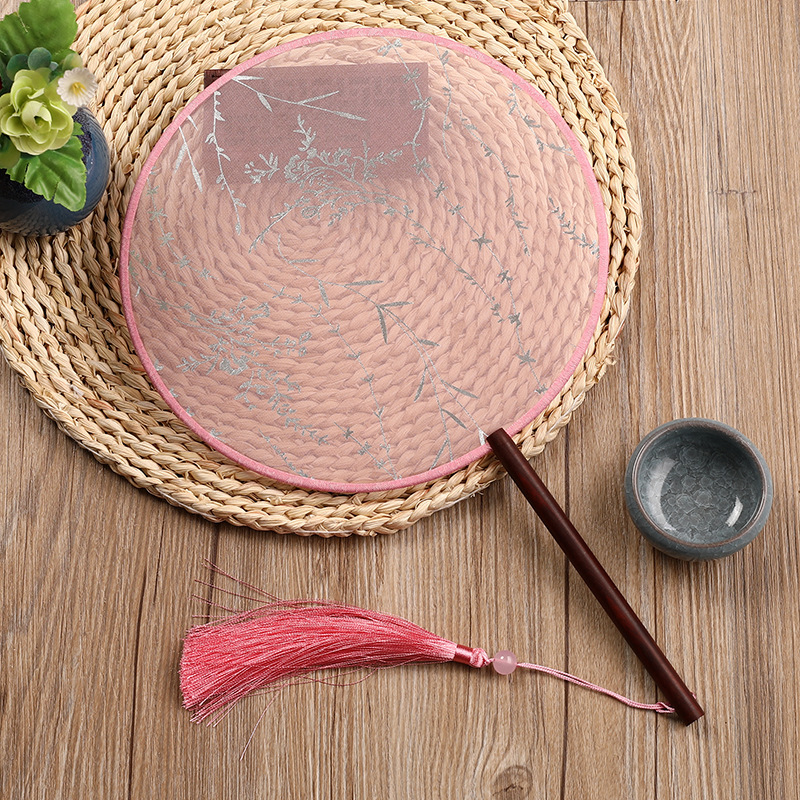 檀木柄中式古风烫金半透圆形团扇女流苏汉服舞蹈宫扇秀禾服喜扇子