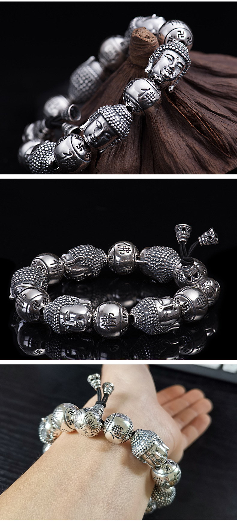 佛珠足银泰银手链纯银男手链 男士佛珠手链银饰手串饰品厂家批发