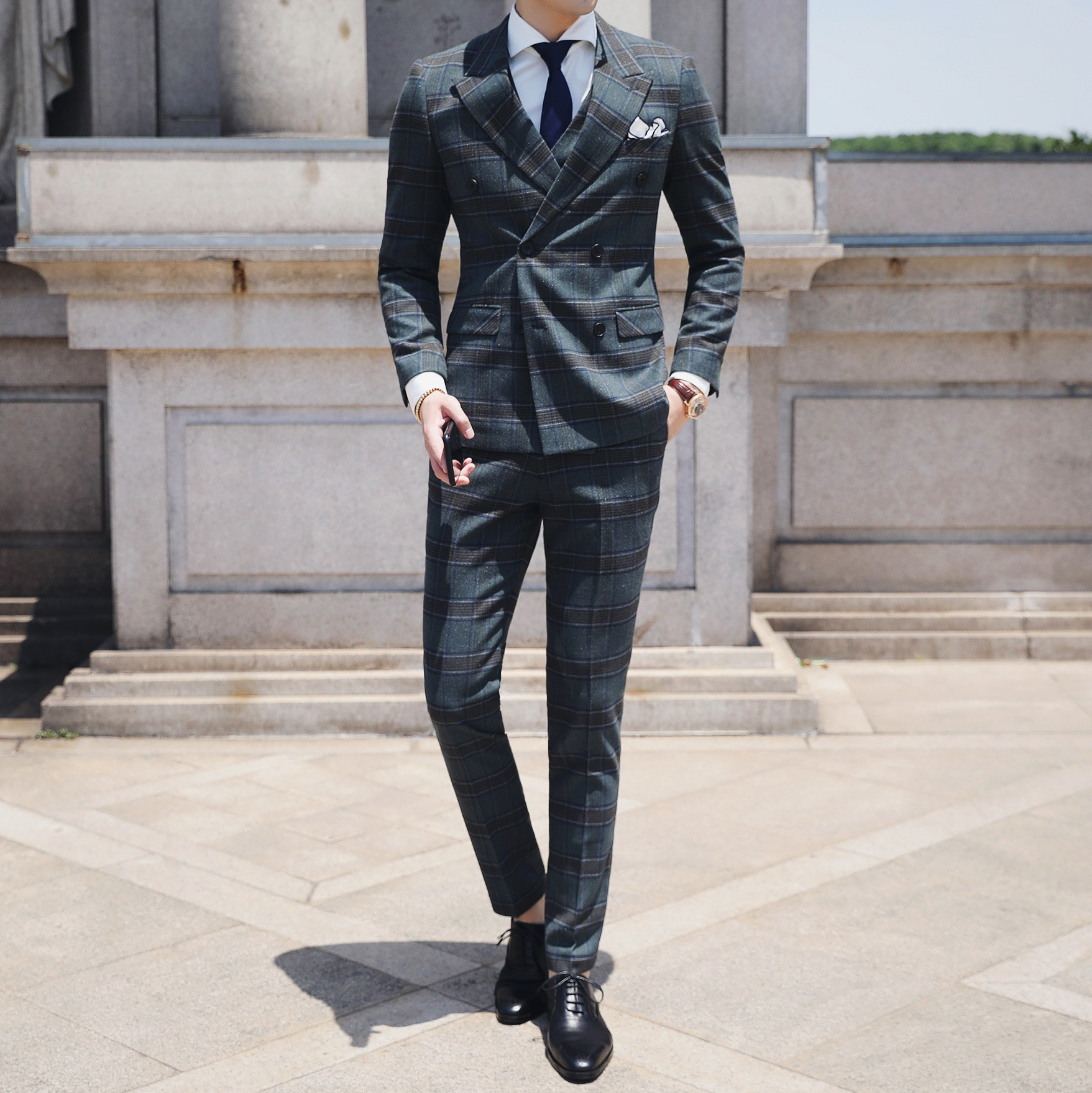 2020男士春季新款男士格子双排扣西服 男士晚宴礼服套装西服男