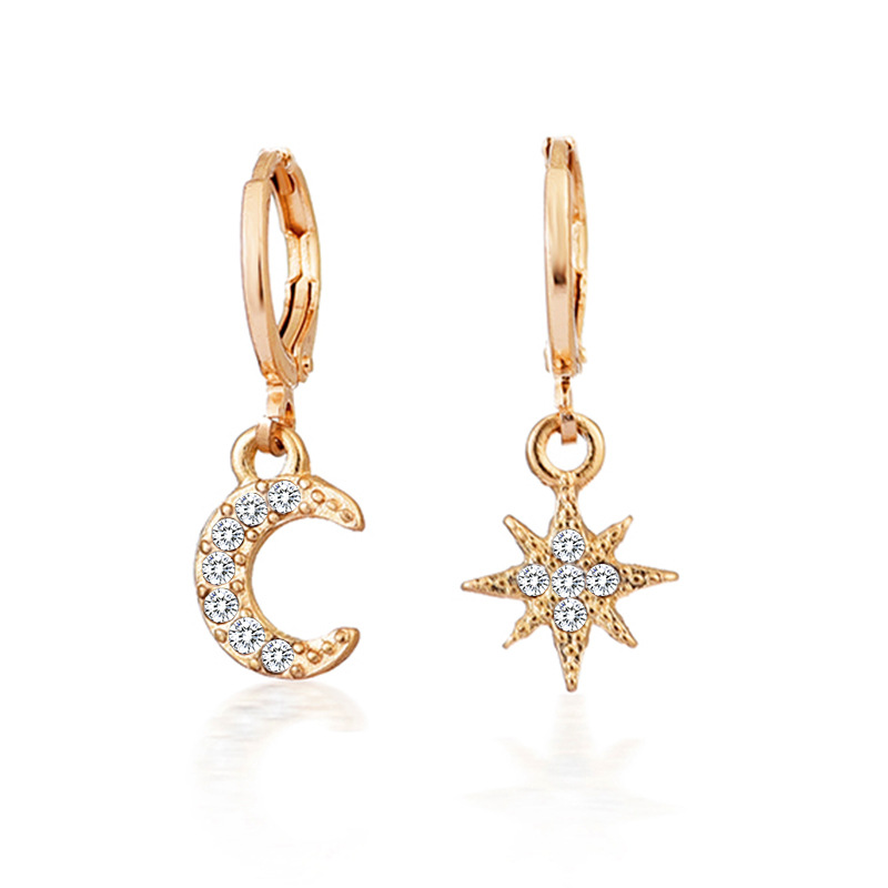 Korean Dongdaemun Same Style Earrings for Women Ins Diamond-Embedded Star Moon Asymmetric Earrings All-Match Cold Style Cross-Border Earrings