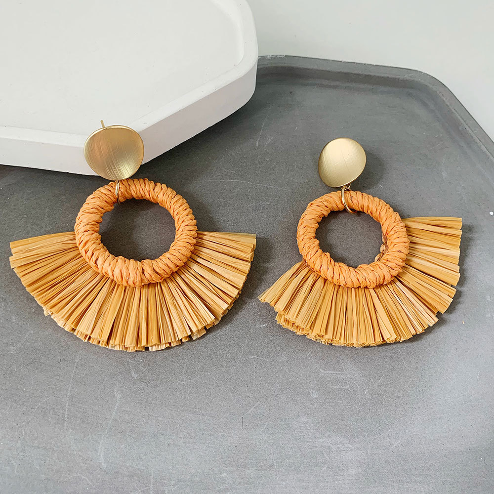 外贸热销拉菲草扇形流苏耳环手工编织时尚民族风复古圆形草编耳坠