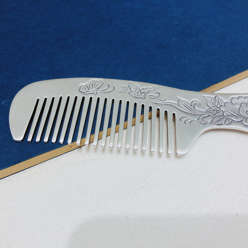 s999足银中长柄做旧磨砂面牡丹蝴蝶纯银梳子节日送礼妈妈 71克