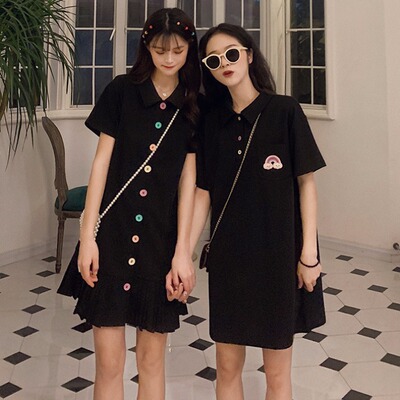法式桔梗裙夏季韩版百搭显瘦短袖连衣裙女2019新款闺蜜裙子小黑裙