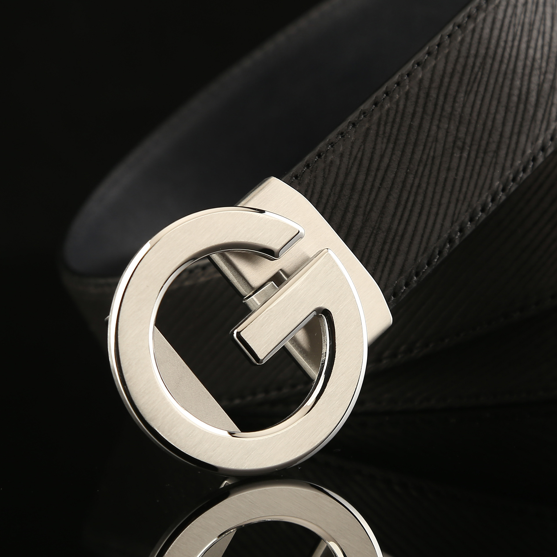 5男士不锈钢自动扣皮带 黑色头层水波纹牛皮腰带 高档真皮皮带