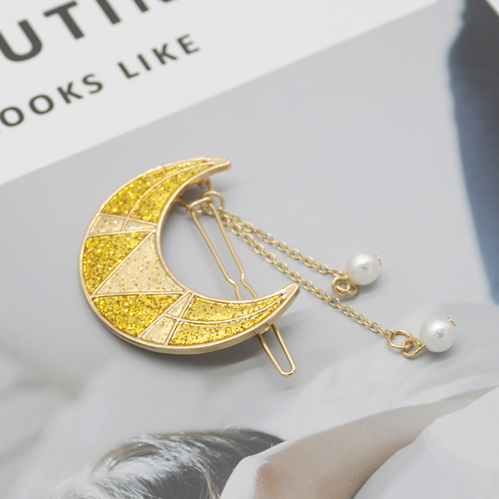 新款创意日本幻彩流苏发夹月亮珍珠滴油边夹欧美头饰流沙青蛙夹女