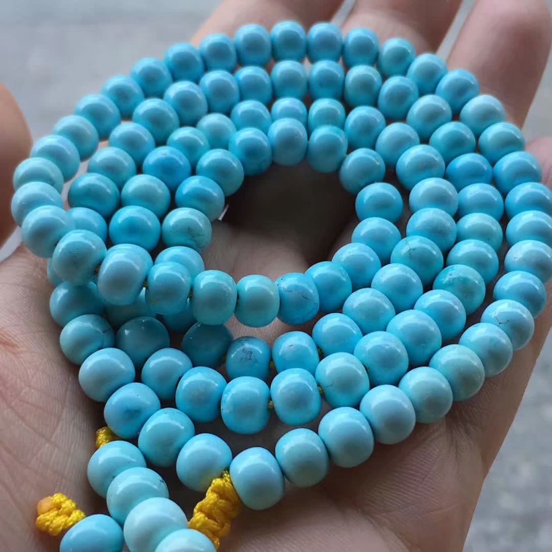 原矿高瓷蓝月儿潭料绿松石精品瓷釉级老型桶珠108佛珠手串 上海