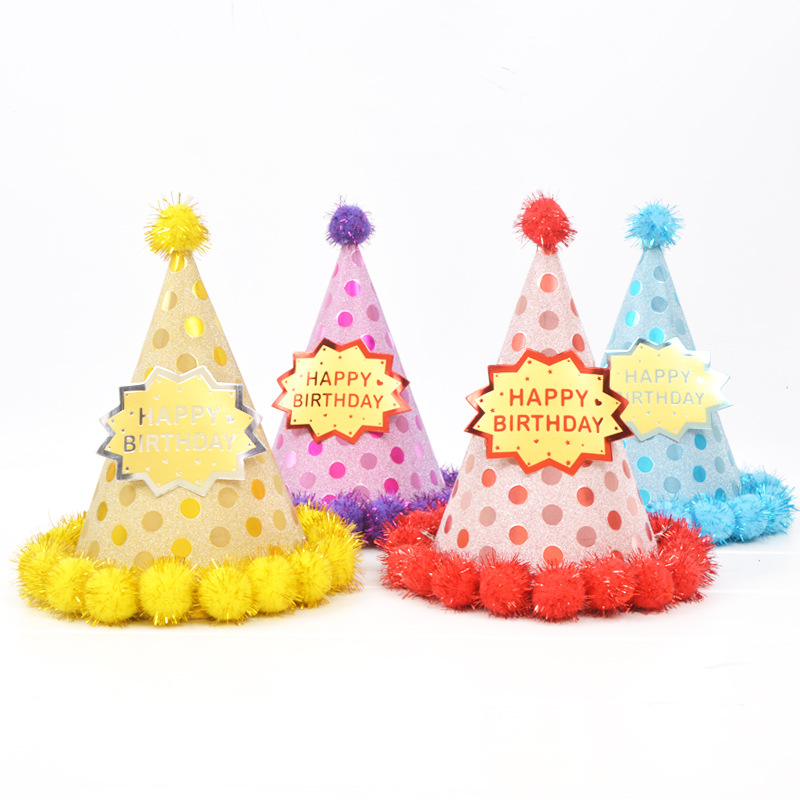 Creative Birthday Hat Adult and Children Baby Birthday Party Hat Pompons Decorative Pointed Paper Hat Factory Wholesale