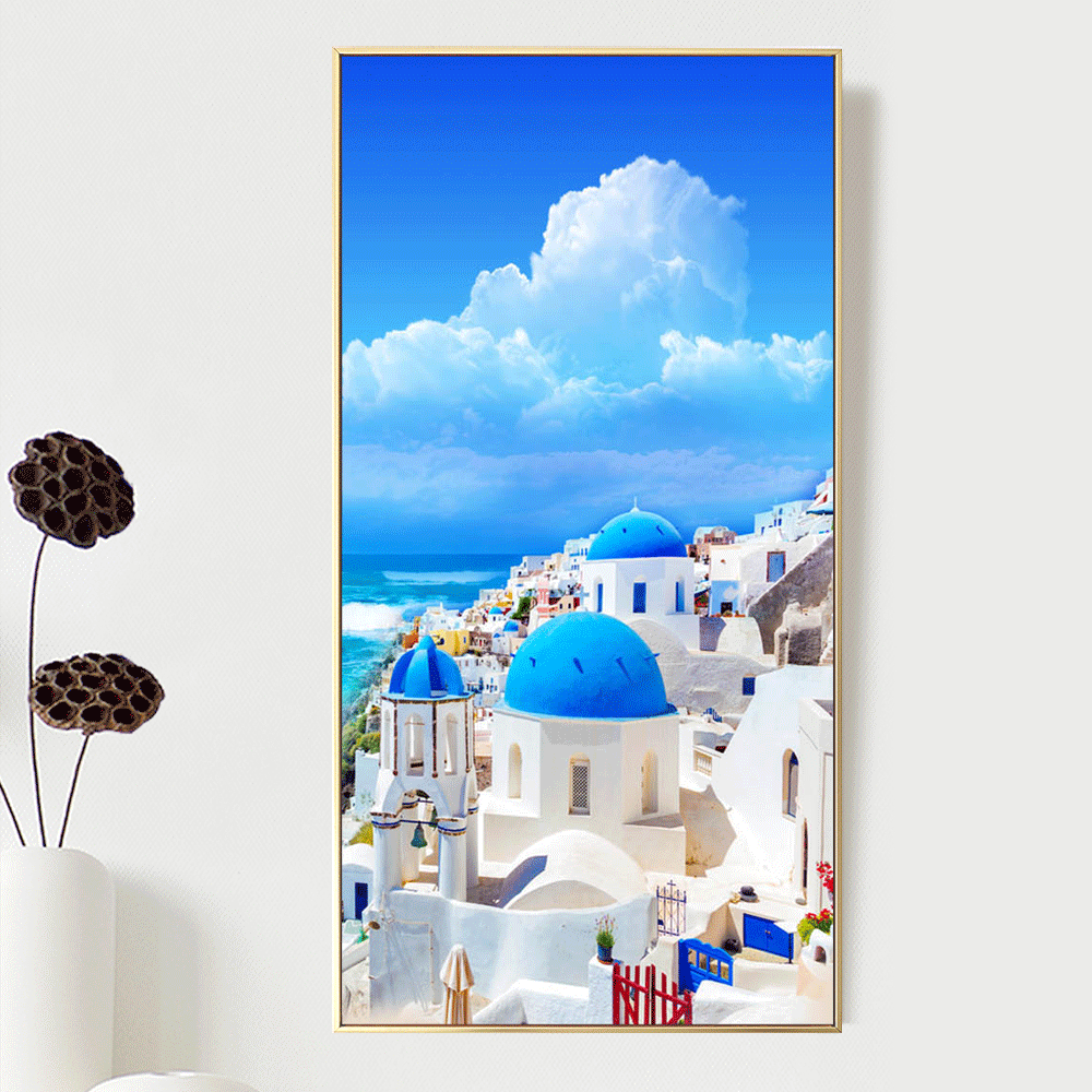 现代地中海建筑时尚个性玄关装饰画风景建筑简约装饰背景墙挂画