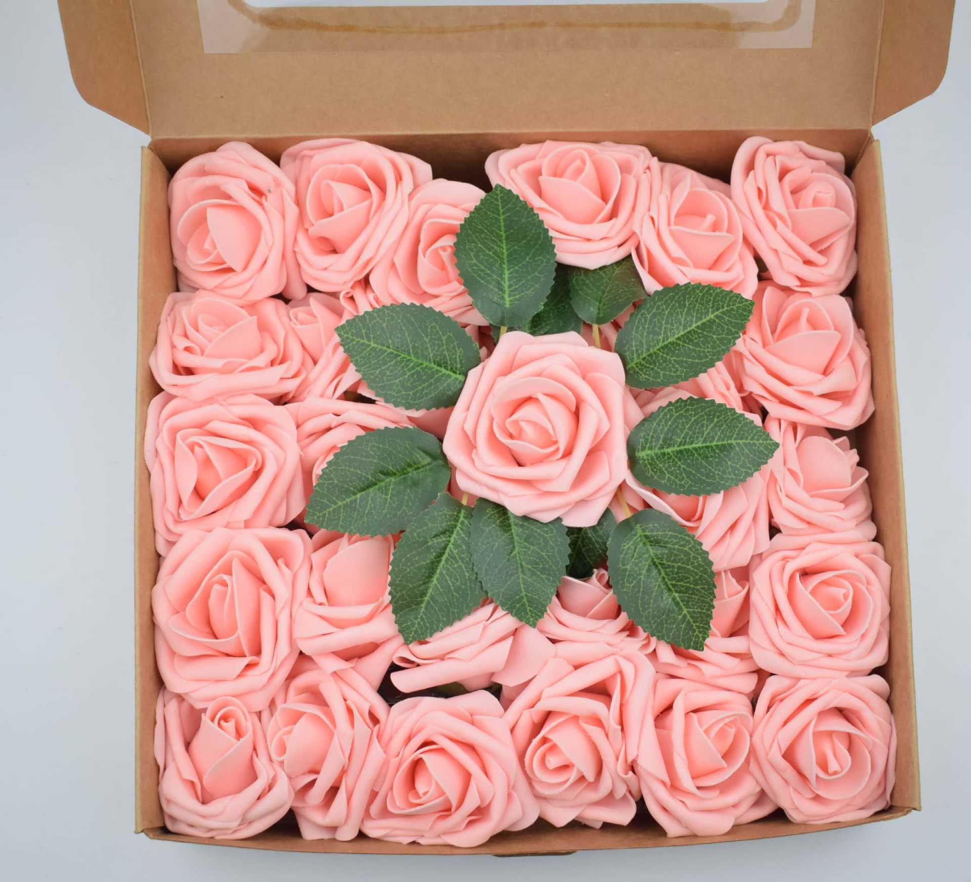 50朵pe泡沫盒装玫瑰花假花 8cm带杆仿真花 婚礼情人节diy手捧花