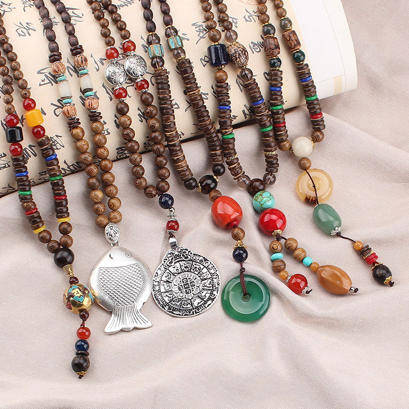 Retro Ethnic Style Wooden Wooden Bead Bodhi Pendant Long Sweater Chain Men and Women Rosary Necklace Accessory