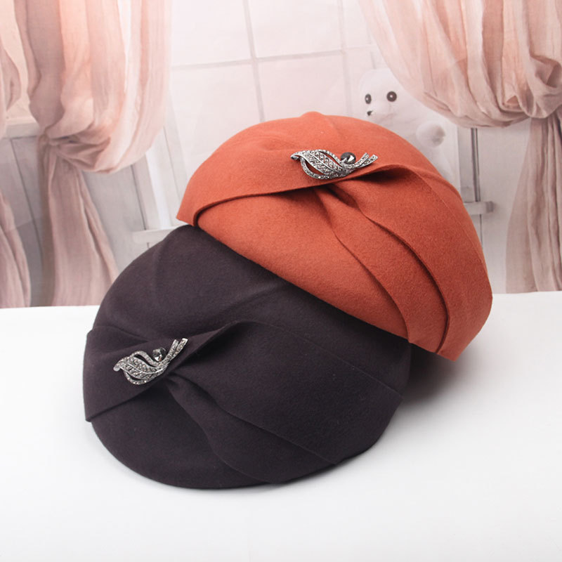帽子女秋冬羊毛呢黑钻蝴蝶结贝雷帽hat复古时尚小礼帽休闲南瓜帽