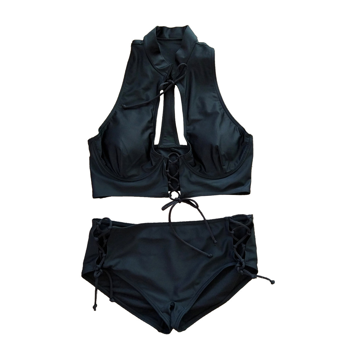 新款分体带领性感外单比基尼系绳泳衣女黑色软包泳装亚马逊ebay