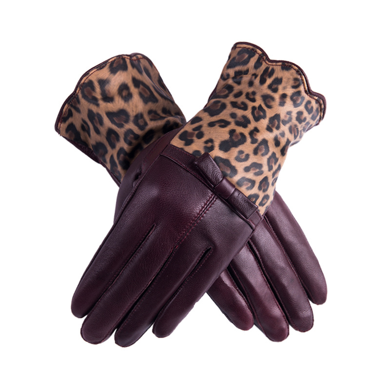 Leopard Print Genuine Leather Gloves for Women Windproof Coldproof Warm Sheepskin Gloves Cycling Velvet Lining Winter Gloves Wholesale