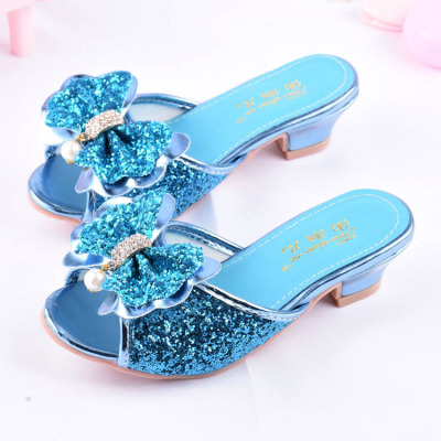 儿童鞋子高跟拖鞋夏季蝴蝶结水晶鞋可爱女童凉拖鞋外穿软底公主鞋