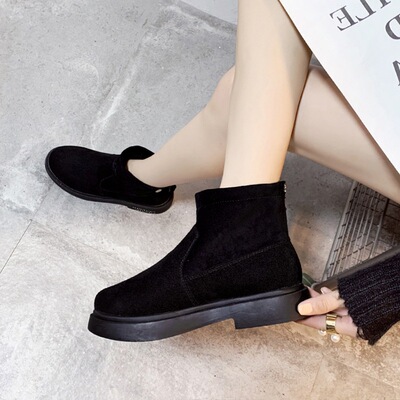 新款平底女2019秋冬瘦瘦黑色短靴平跟靴女英伦风粗跟韩版短筒布