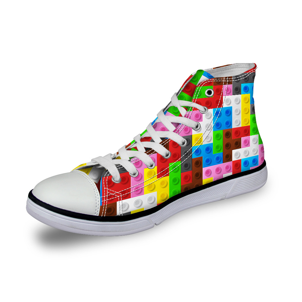 新款高帮帆布鞋男鞋俄罗斯方块创意款板鞋女图定定制女鞋板鞋