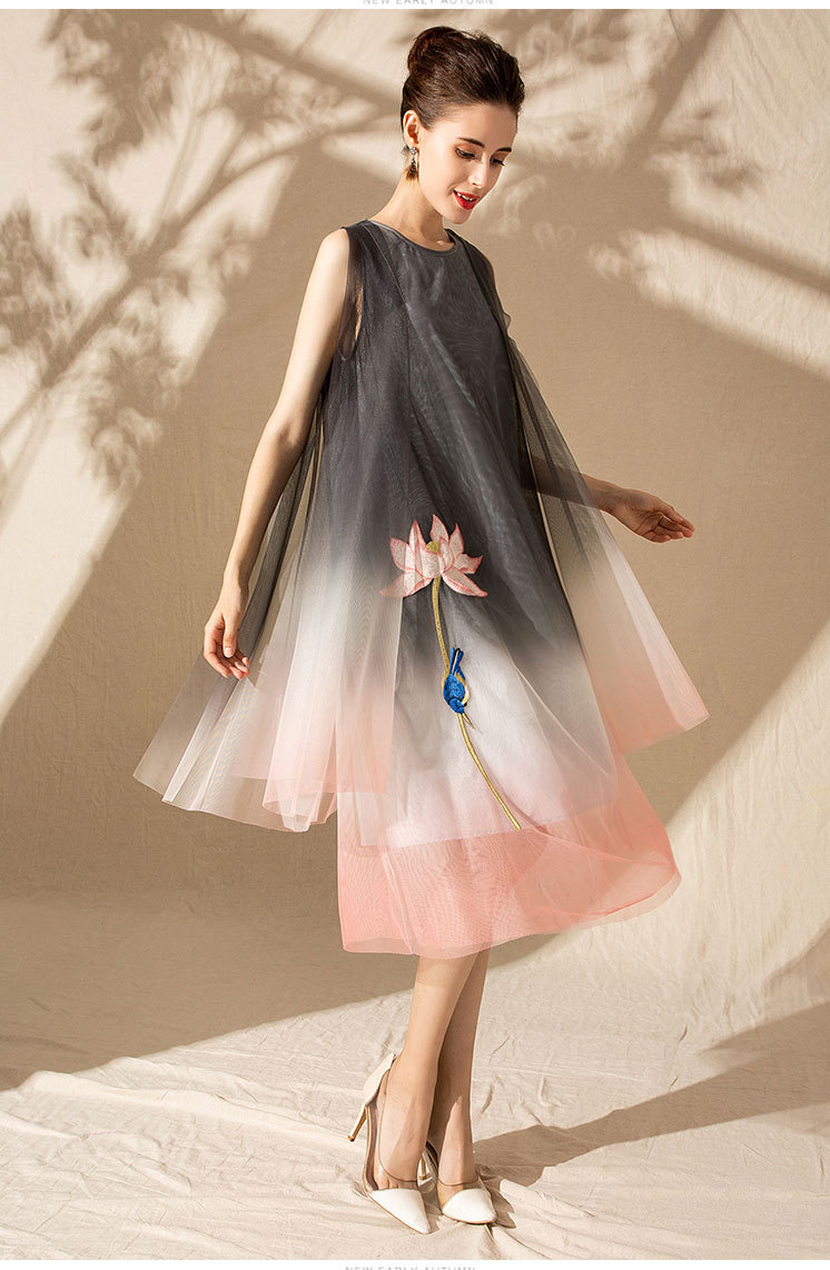 og9008新款女装复古文艺荷花刺绣渐变连衣裙背心纱网仙女裙