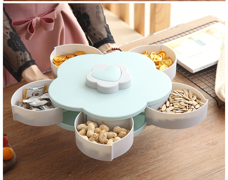 抖音旋转开合零食糖果收纳盒果盒瓜子干果盘花形果篮创意分格660g