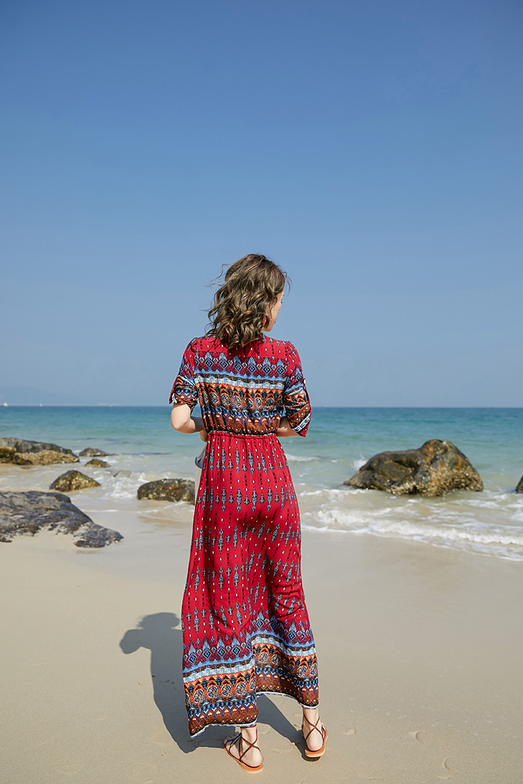 2019海滩裙波西米亚吊带长裙海边度假裙夏女红色沙滩裙泰国连衣裙