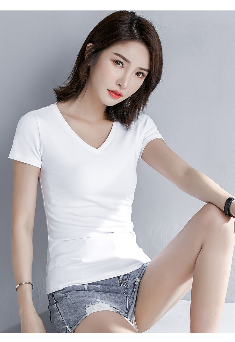 白色v领短袖t恤女修身纯色显瘦鸡心领短款2020春夏季新款性感上衣