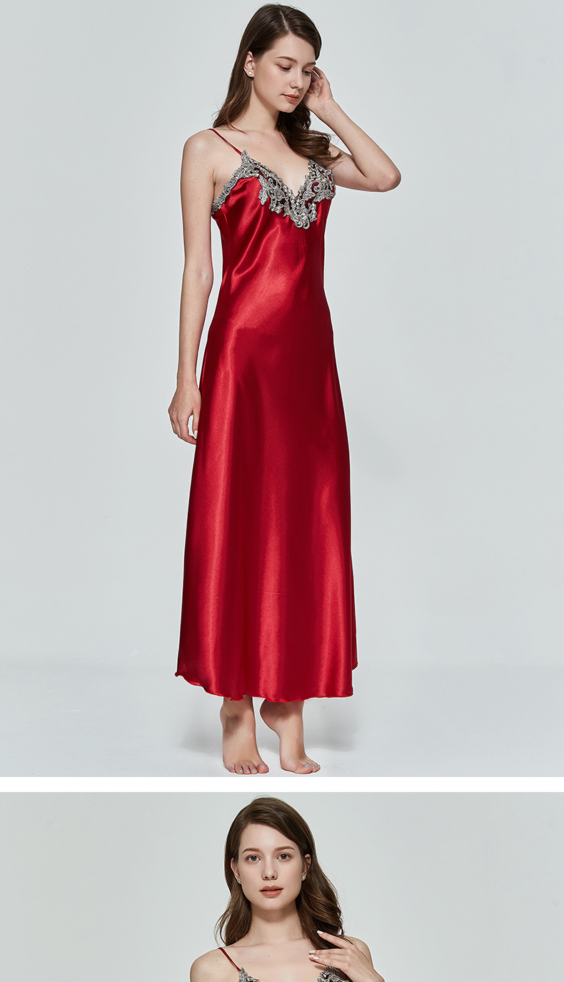 夏季冰丝绸红色结婚性感蕾丝露背仿真丝睡衣(货号 s5051)