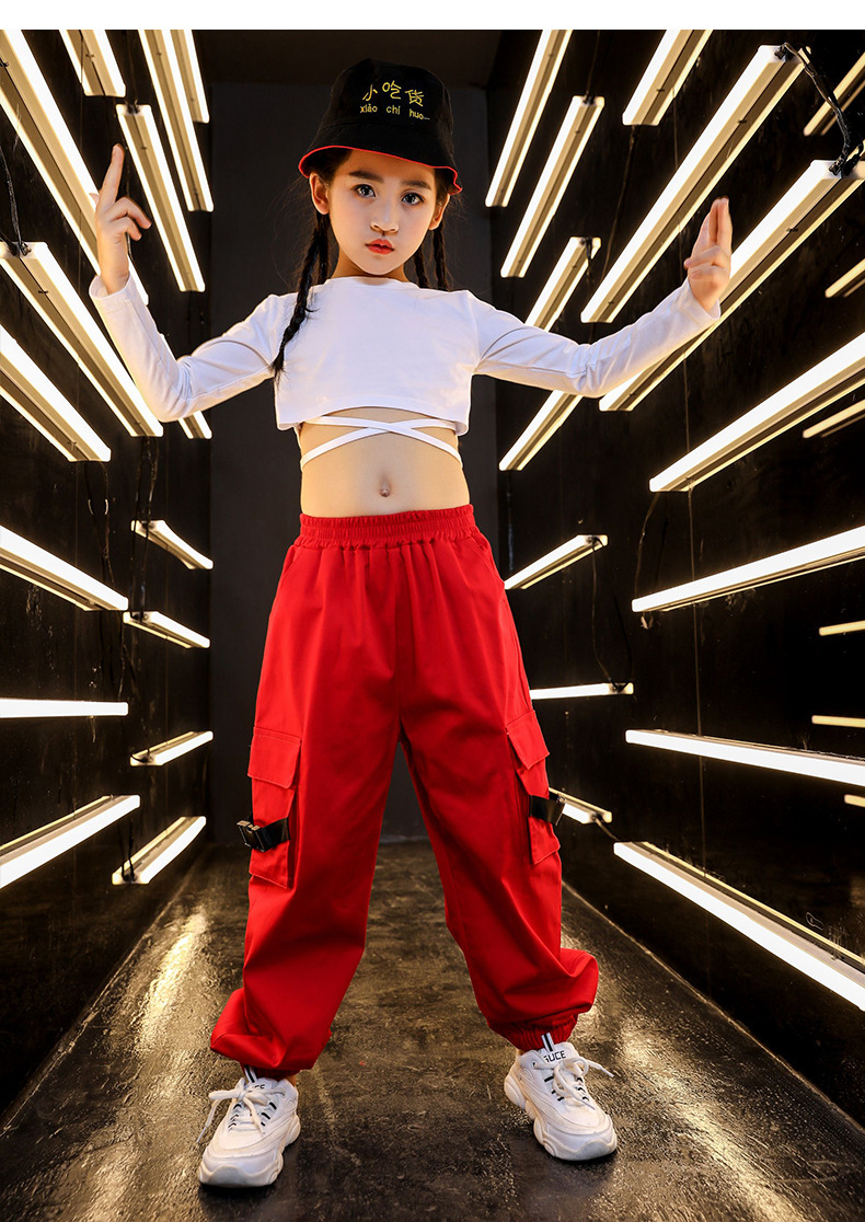 女童嘻哈街舞套装爵士舞露脐装潮少儿jazz舞蹈走秀演出服绑带上衣