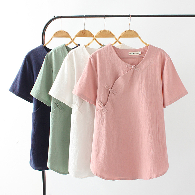 夏季大码女装棉麻衫短袖复古简约盘扣衣襟上衣胖mm200斤t恤6066