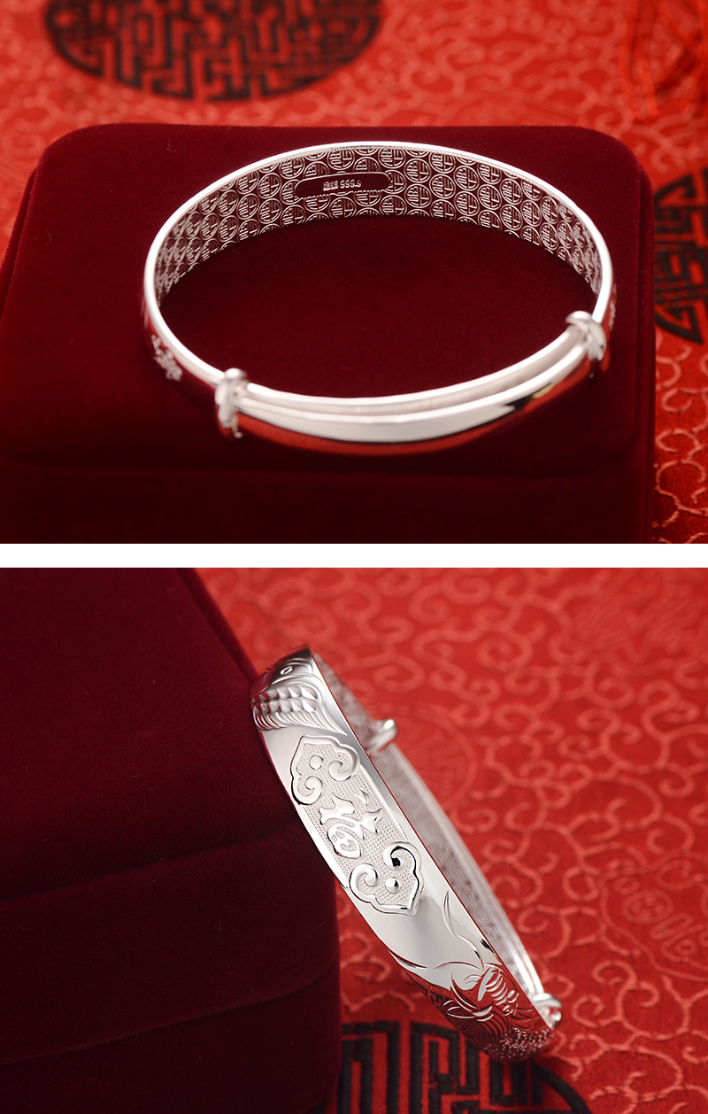 可可云龙凤福字手环正品纯银手镯子女长辈老人传承银首饰批发