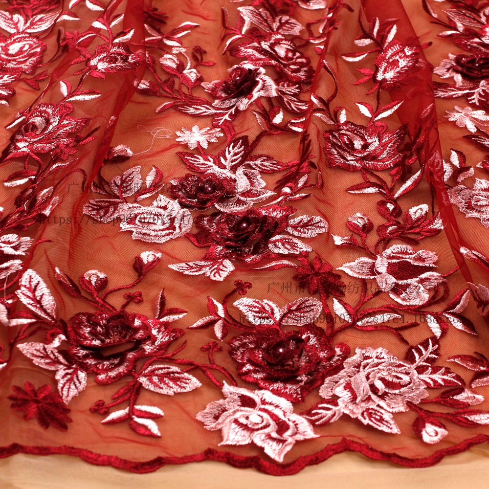 酒红色3d立体花钉珠蕾丝布料 贴花绣花布料 高端礼服面料