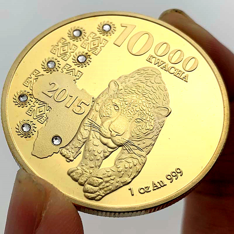 非洲赞比亚动物豹镀金纪念币 收藏工艺牙仙子金币镶钻硬币纪念章