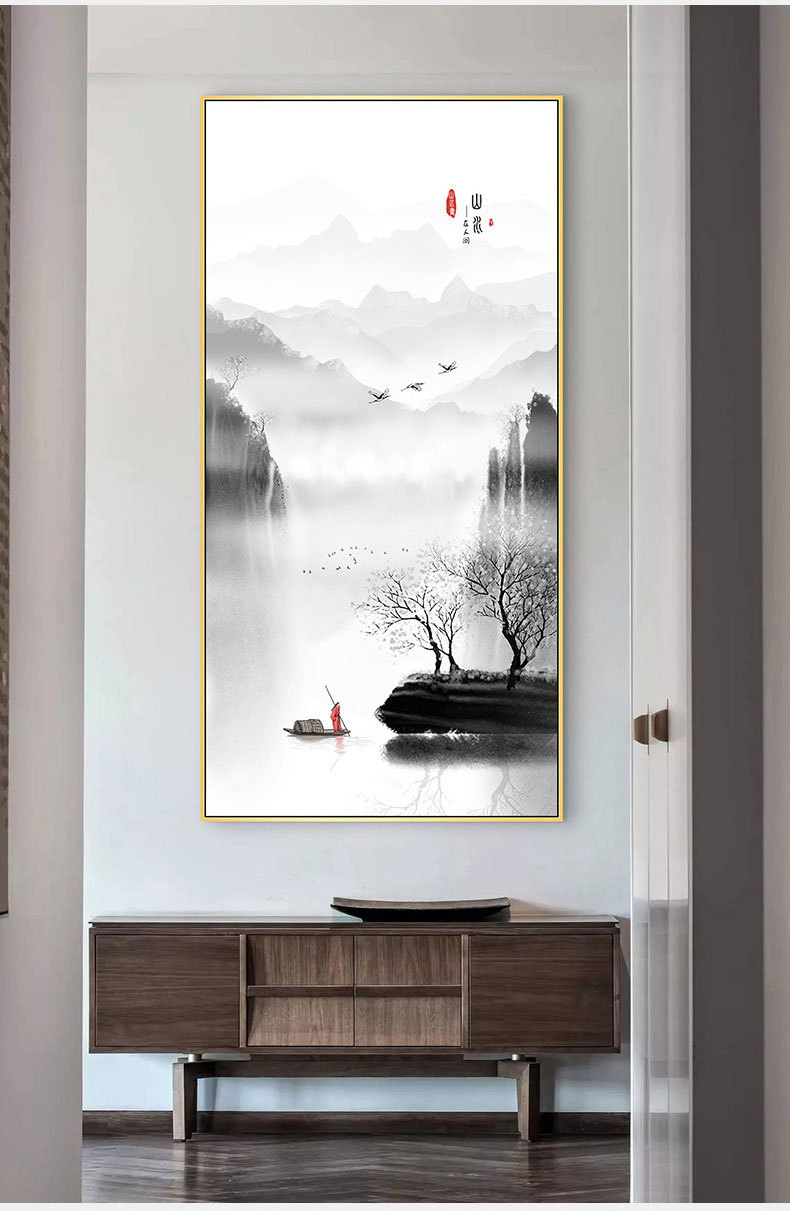 新中式装饰画进门入户走廊过道禅意竖版山水画酒店样板间玄关壁画