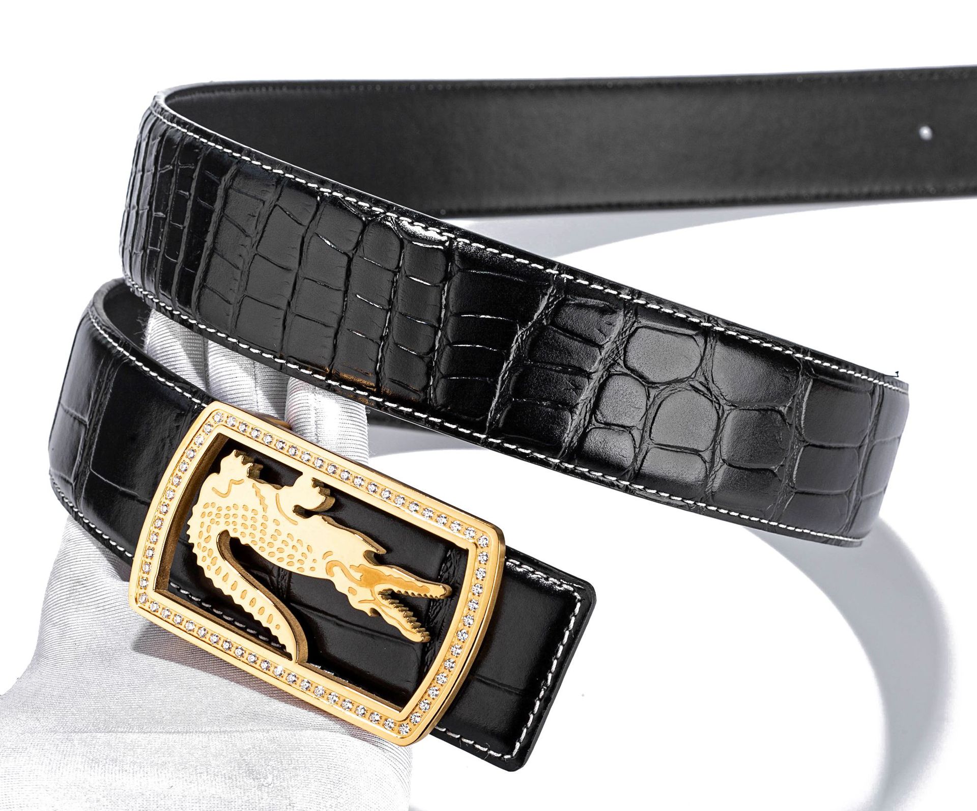 男士镶钻钢扣真皮腰带 原版鳄鱼纹双面进口头层牛皮平滑扣皮带