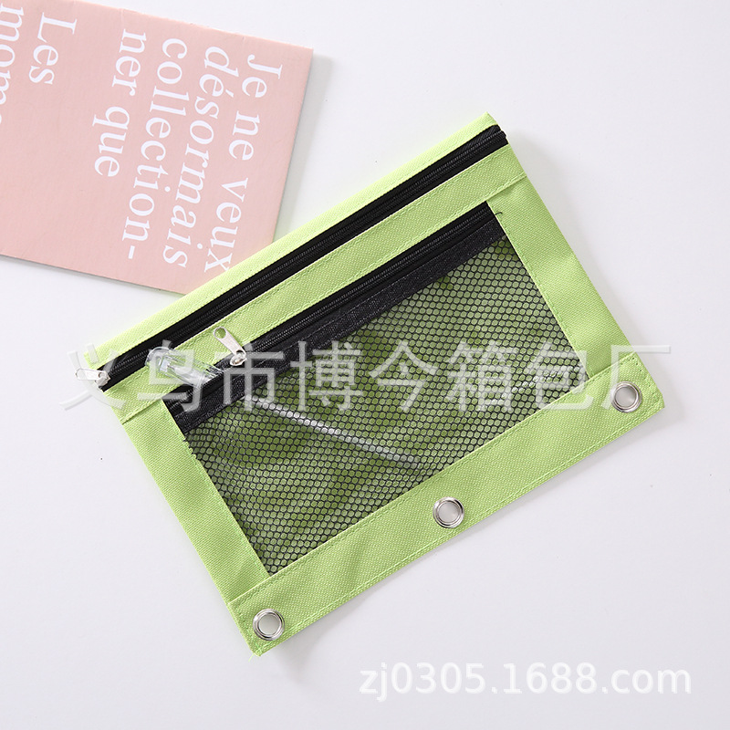 Oxford Cloth Double Zipper Three Hole File Bag 13 Color Transparent Stationery Case Loose-Leaf Binder Office Pencil Case Wholesale