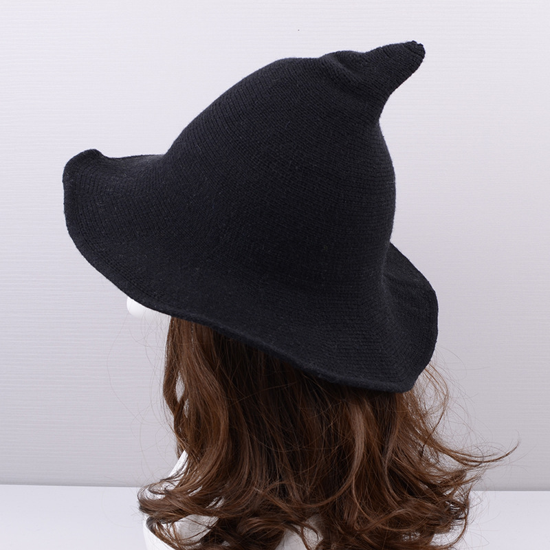 万圣节新款女巫尖尖帽秋冬羊毛可折叠帽子女潮针织尖顶魔法帽子