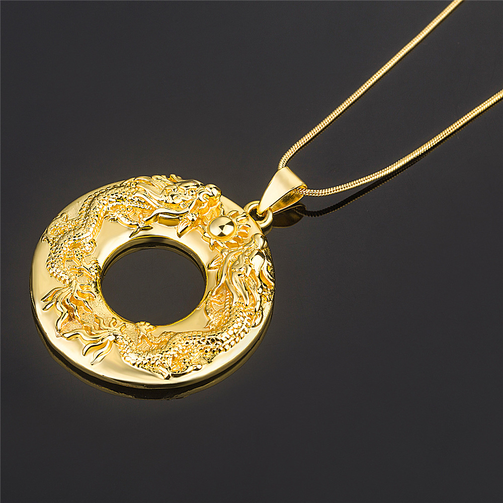 越南镀金饰品黄铜镀金双龙戏珠吊坠圆形龙吊牌男士霸气项坠批发